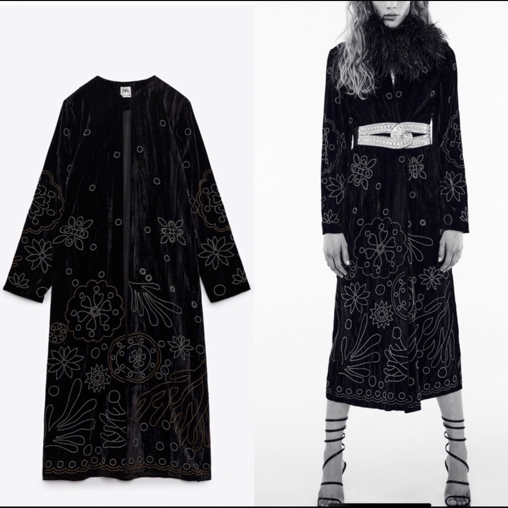 Zara Black Embroidered Long Velvet Coat